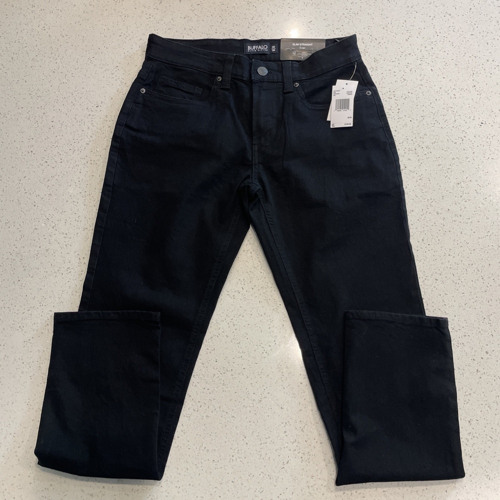 Buffalo David Button Jeans Mens Sz 30x30 Evan Slim Straight Black Denim NWT